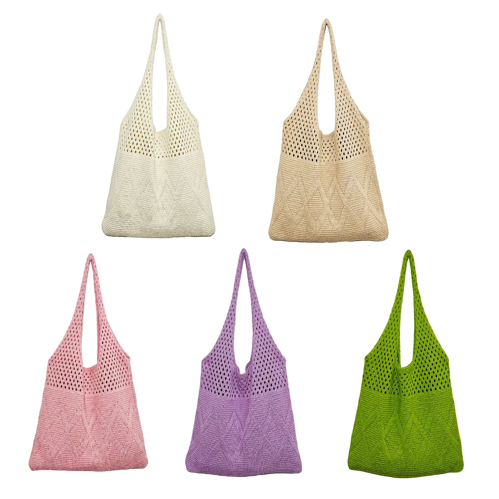 

Polyester Fiber Shoulder Bag Large Capacity Women Shopping Handbags Solid Color Totes Bags Hollow Out for Casual Shopping Travel