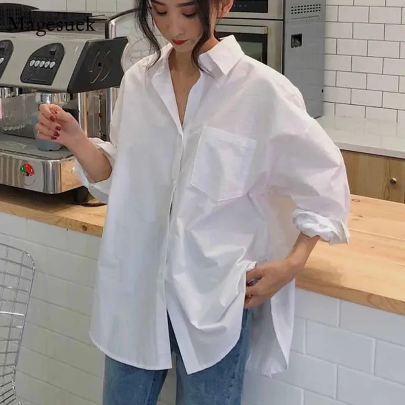 2024 Vintage White Women Shirt Loose Turn-down Collar Blouses Office Woman Autumn Female Tops Long Sleeve Casual Femme 11456