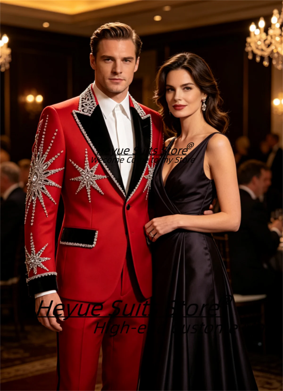 Gorgeous Star Rhinestone Groom Wedding Tuxedos Customized Red Slim Fit Peak Lapel Men Suits 2 Pieces Sets Elegnat Costume Homme