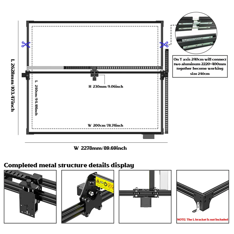 Large Laser Cutter And Engraver Machine Frame Parts Area 2000x2400mm Cnc Laser Engraver Frame Kit GRBL Control PWM
