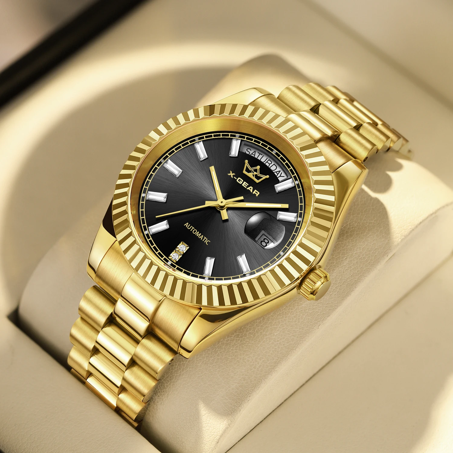 ساعة ميكانيكية أوتوماتيكية X-GEAR للرجال، ساعة فاخرة مقاومة للماء، ساعة عرض تقويمية مضيئة