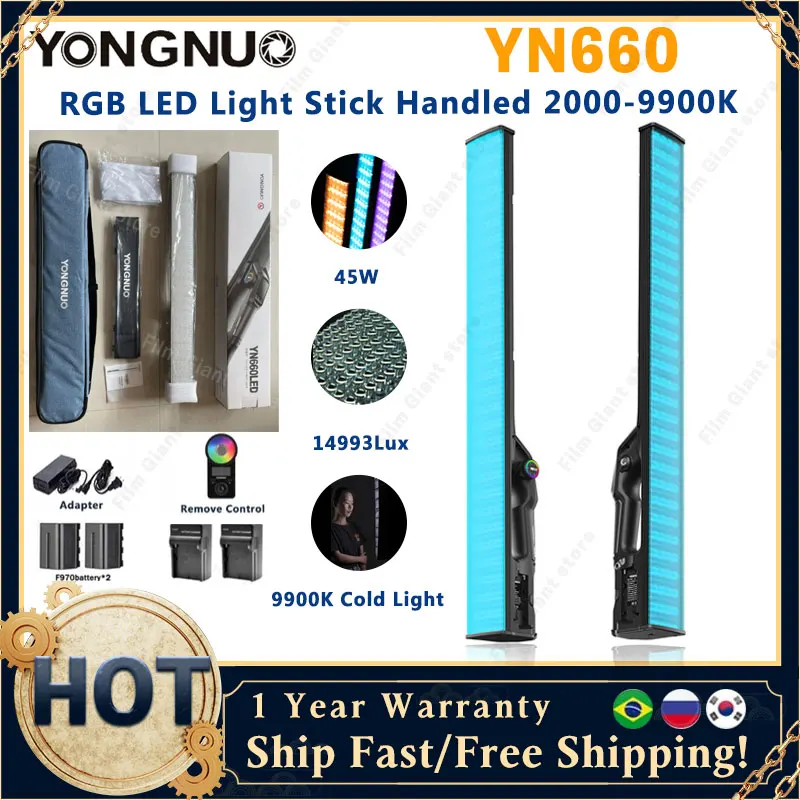 YONGNUO YN660 LED Handled RGB Video Light Stick Touch Adjusting Bi-color 2000-9900k Remote Control Product Lamp Lighting