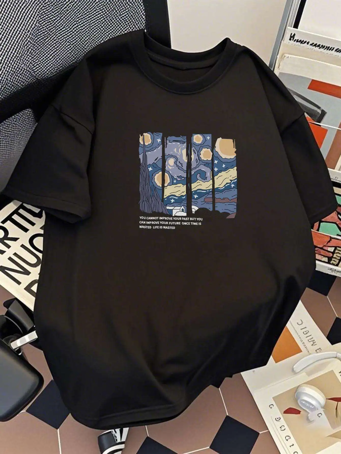 

PRIVATHINKER Men's Van Gogh Starry Night Graphic T-Shirt - 100% Cotton Oversized Streetwear Tee with Drop Shoulder, 210gsm Summe