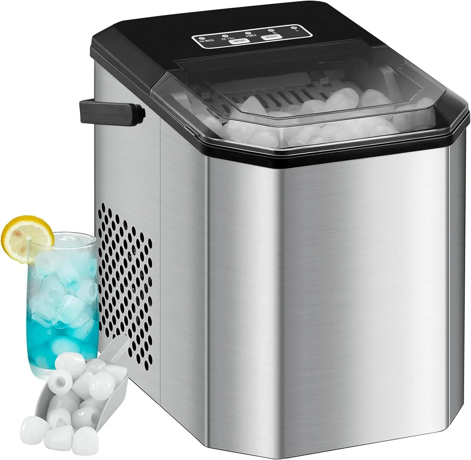 Self-Cleaning Countertop Ice Maker, Pronto em 6 Mins com Ice Scoop e Cesta, 2 Tamanho, 26 lbs, 24 Hrs, 9 Cubos