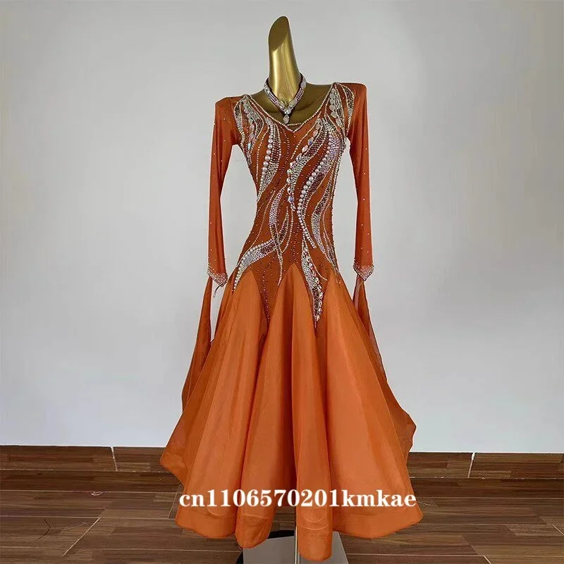Orange Rhinestone Ballroom Dance Dress, Long Sleeve Modern Waltz Tango Competition Gown, Elegant Standard Dance Dress for Women