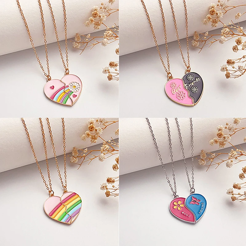 2PCS Ins Style Heart Rainbow Stitching Necklace Fashion Pendant Alloy Clavicle Chain For Children Best Friend Jewelry Gifts