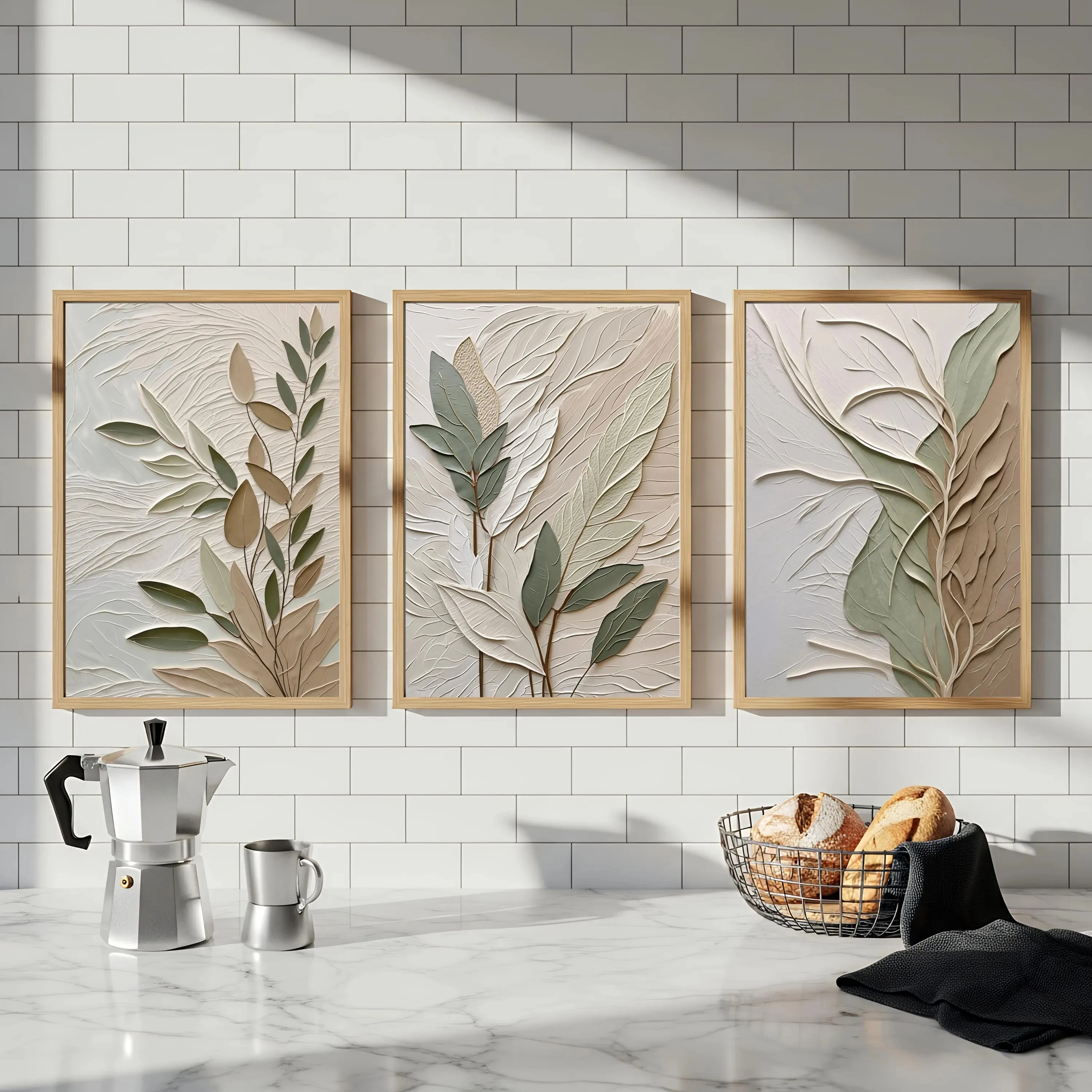 Juego de 3 Pósters Decorativos con Diseño de Hojas Texturizadas, Impresión en Lienzo en Tonos Neutros para Decoración Moderna del Hogar, Arte Elegante para Pared, Regalos Originales