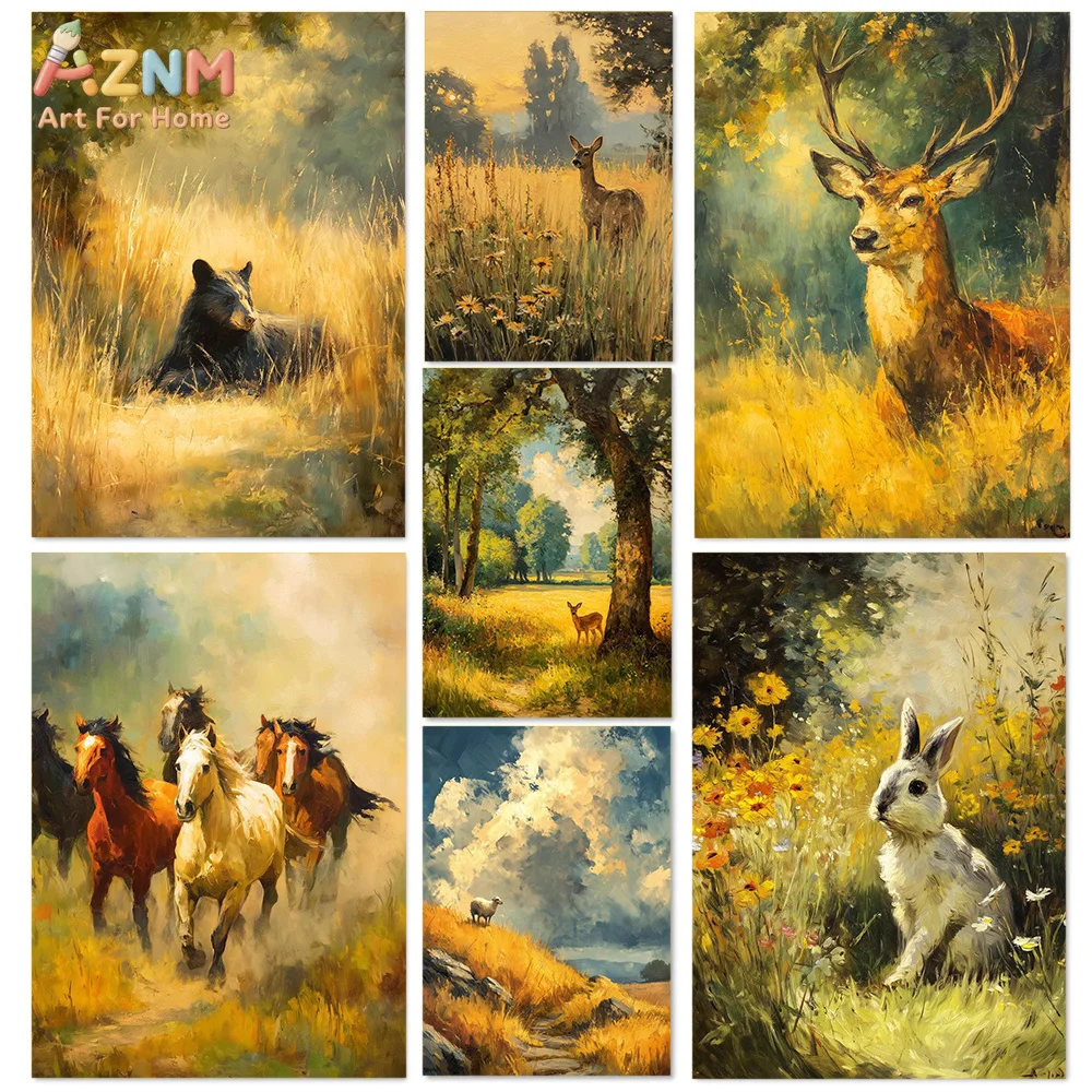 AZNM Vintage Wildlife Oil Painting Canvas Print Forest Deer Horse Bear Rabbit Sheep Nature Landscape Unframed Canvas Wall Art Fo