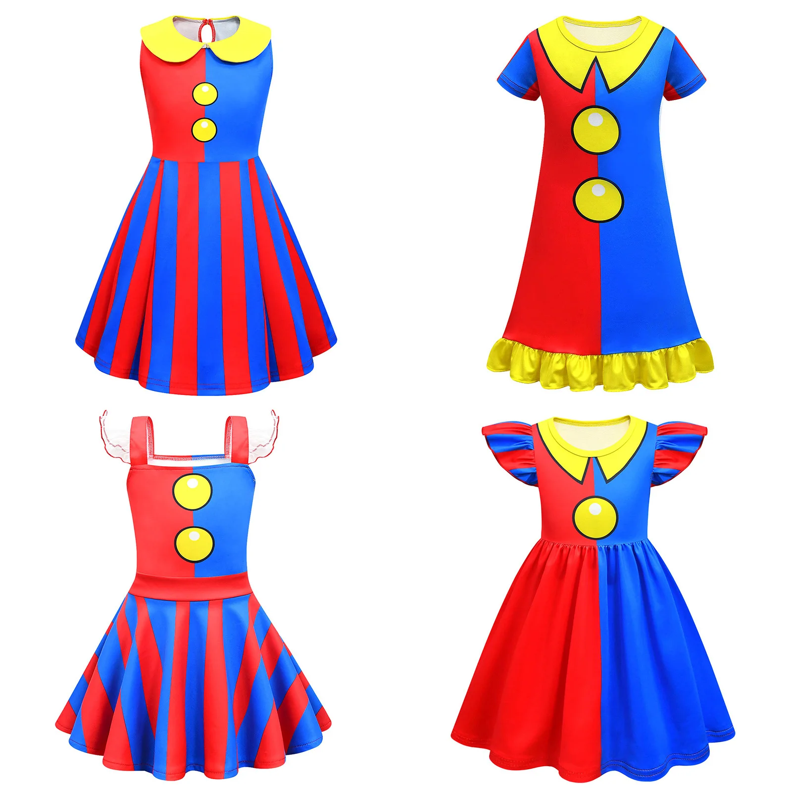 Kinder Mädchen Zirkus Clown Kostüm Halloween Cartoon Charakter Cosplay Karneval Themen Party verkleiden rot blau Farbe Kontrast Kleid