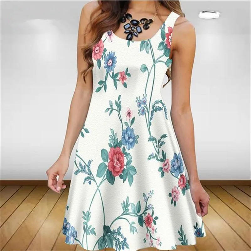 

Sleeveless Flower Print Women Casual Dresses Summer New Streetwear 3D Print Ladies Mini Dress Loose Floral Pattern Short Dress