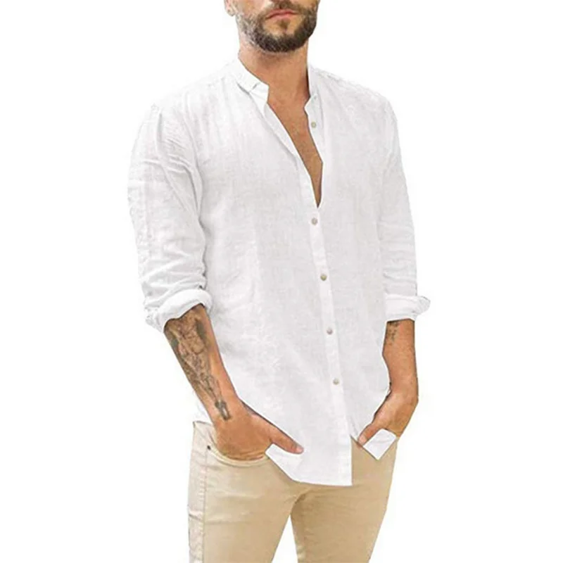 

2023 Men's Shirts Solid Casual Daily Standing Collar Full Sleeved Shirts for Men Plain Shirt Men's Clothes White Shirts