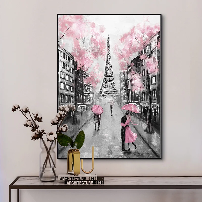 Pink Romantic City Couple Paris Eiffel Tower Posters Prints Landscape Canvas Painting Wall Art Pictures Living Room Home Decor