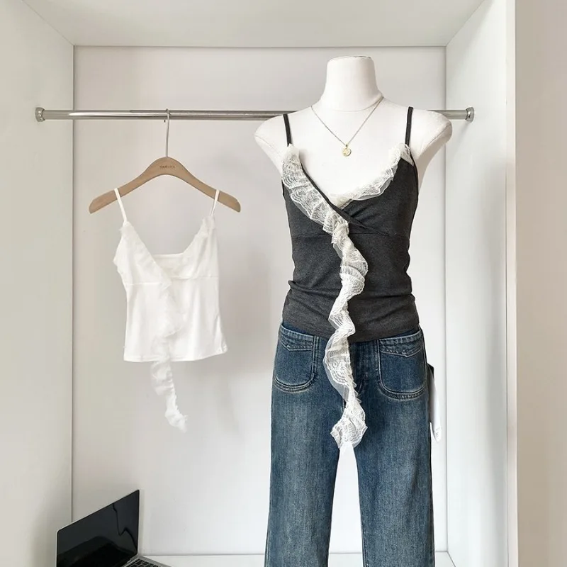 French Style Retro Slim Halter Top Lace Patchwork Irregular Streamers Short Crop Tanks V-neck with Chest Pad Sexy Backless Camis