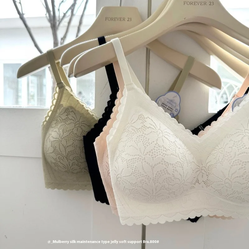 Spring and Summer New800#Mulberry Silk Maintenance Type Jelly Soft SupportBraThree-Dimensional Flower Lace0Women's Binding Under