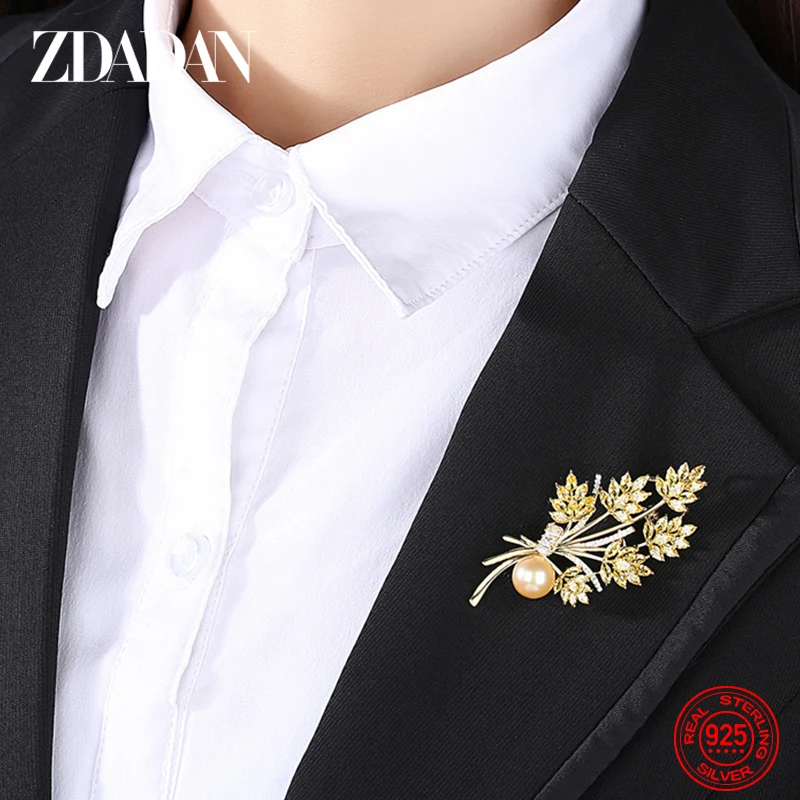 ZDADAN 925 Sterling Silver 18K Gold Wheat Ears Brooch For Women Girls Wedding Jewelry Accessories