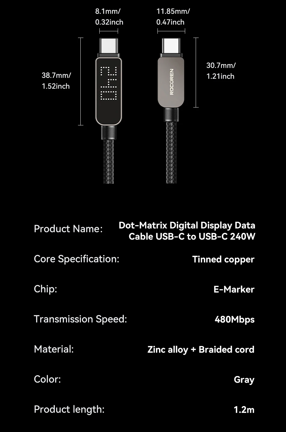 Rocoren Digitales Display USB-C-Kabel 240W PD 3.1 Schnellladekabel Typ C zu C für iPhone 17 16 15 Xiaomi Huawei Macbook iPad – Detail 24
