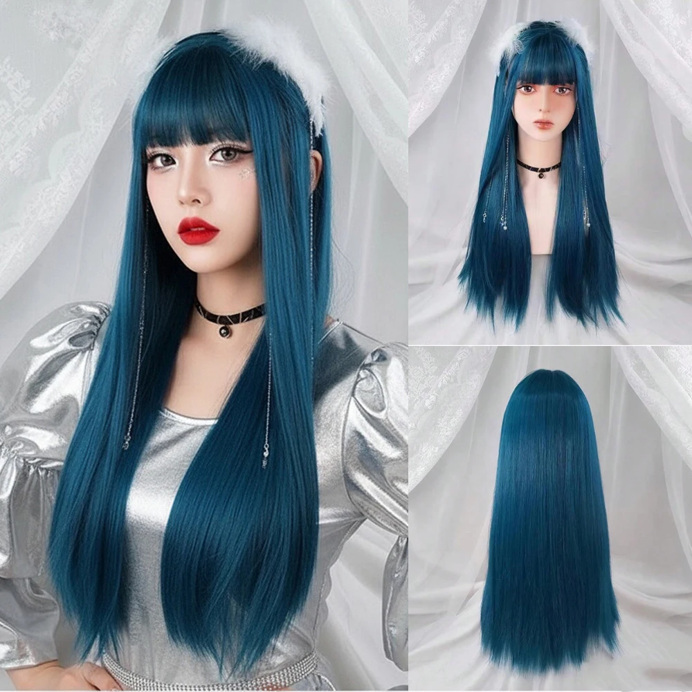 

GAKA Synthetic Long Straight Cosplay Women Wigs Lolita Style Blue Color With Bang For Halloween Christmas Party