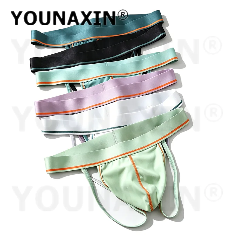 6 Pieces Men's Sexy Ice Silk Thongs Contrast Stitch Big Pouch Personality Bikini Briefs M L XL 2XL YOUNAXIN