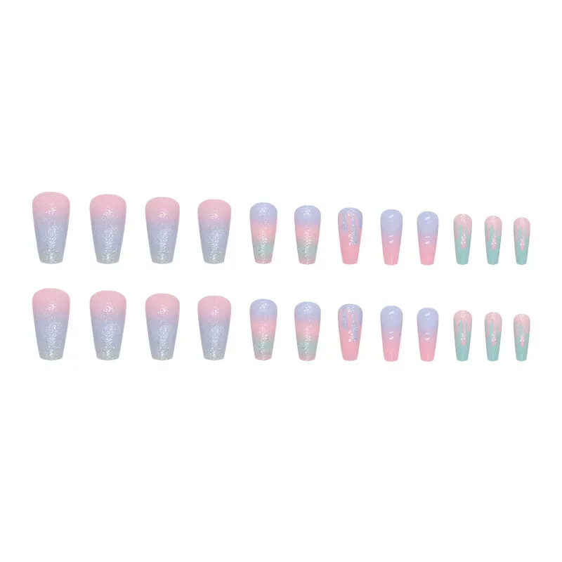 24Pc/set Girl Pink Blue Gradient Long Ballet Fake Nails Acrylic Press on Nail Tips Removable Artificial Wearing False Nails Art