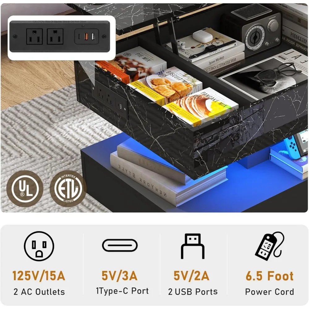 Modern LED-lit Lift Top Coffee Table with Charging Station and Hidden Storage, High Glossy Center Table for Contemporary Living