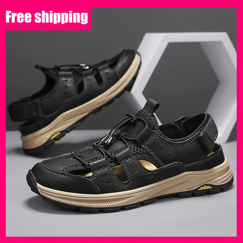 

Мужские сандалии: новые, дышащие, кожаные, с закрытым носком, защита от запаха, для прогулок на улице, удобные пляжные туфли, летние, повседневные, нескользящие сандалии