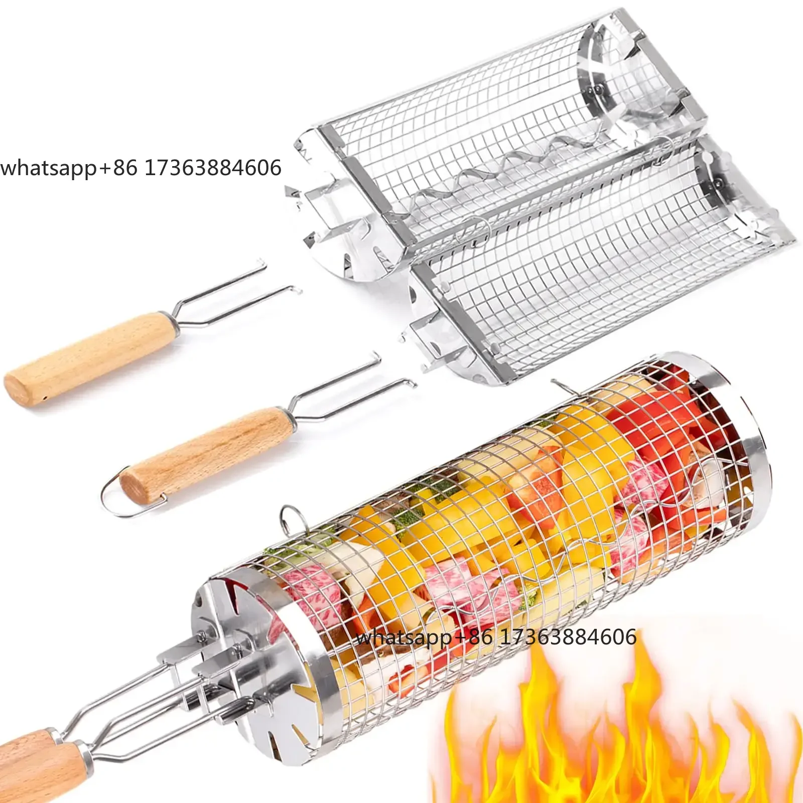 Rolling Grill Basket BBQ Mesh Tube Removable Wooden Handle Stainless Steel Round Mesh Cage Outdoor Camping Cooking Tools