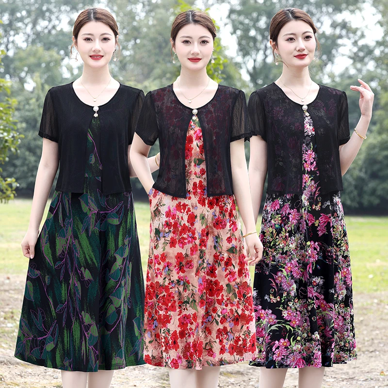 فستان صيفي مزيف مكون من قطعتين للنساء في منتصف العمر مقاس كبير فستان طويل كاجوال للشاطئ أنيق فساتين مطبوعة للأم 6XL #2