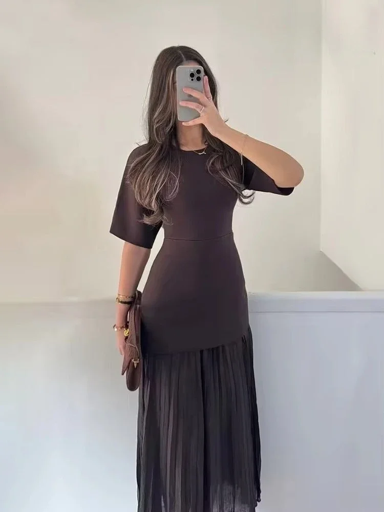 Frauen Elegante Halbarm O-Kragen Plissee Kleid Frühling Frau Hinten Zipper Spleißen Vintage Beiläufige Gestrickte Lange Kleid