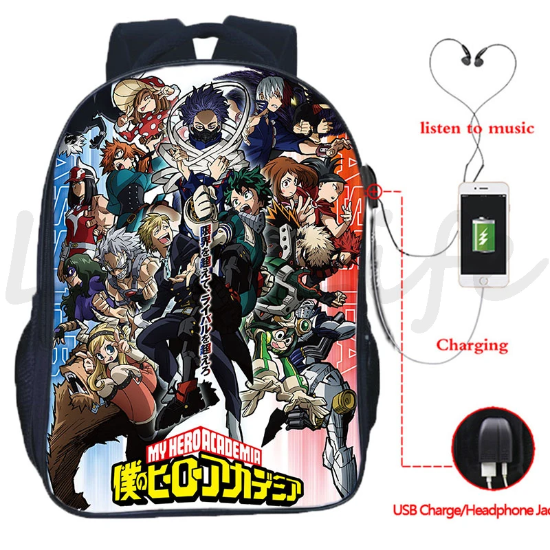 

High capacity My Hero Academia USB Charging Backpack Students Anime Deku Bookbag Boys School Bags Teenager USB Travel Rucksack