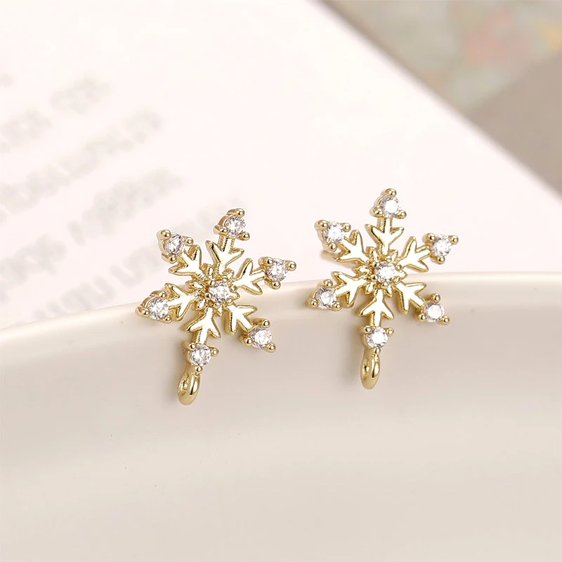 2 pcs  copper plated 18K Gold Christmas series snowflake zircon silver needle with hanging DIY hand as Earring Pendant material