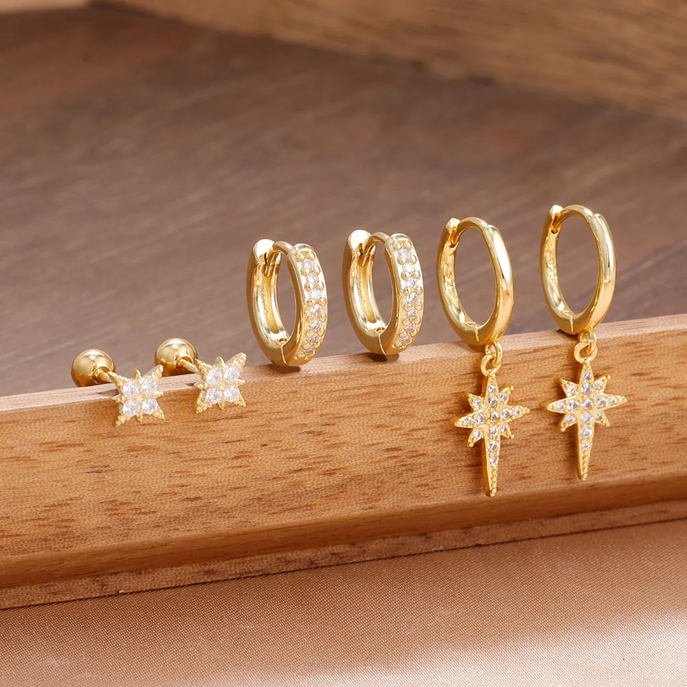 Ensemble de boucles d'oreilles pour femmes, 6 pièces, tendance, étoile scintillante, en acier inoxydable, Zircon, bijoux, prévention des allergies, accessoires, cadeau