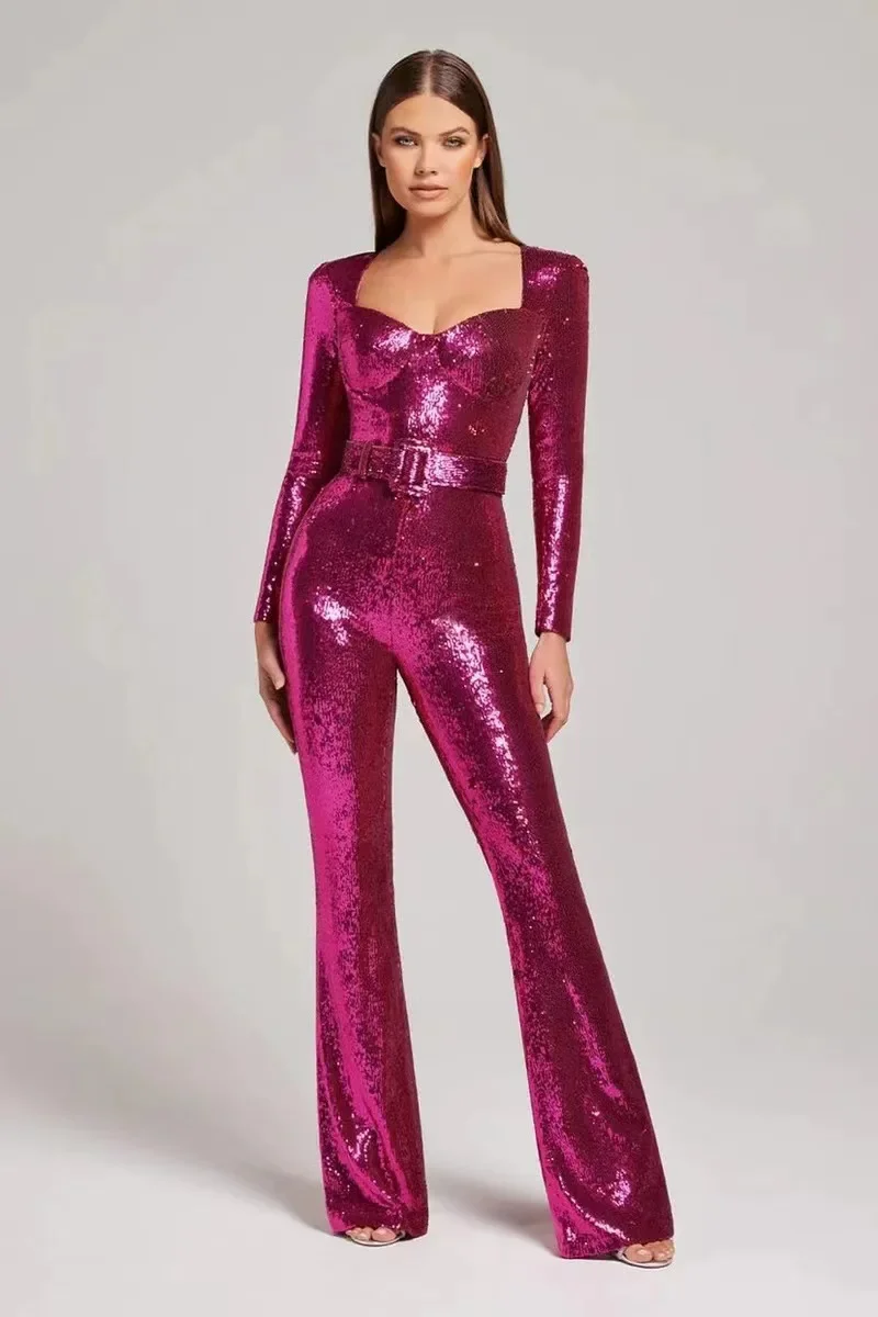 Sexy Evening Dress Long Sleeve Belt Mopping Jumpsuit Sequined Fashion Suit Dresses for Women