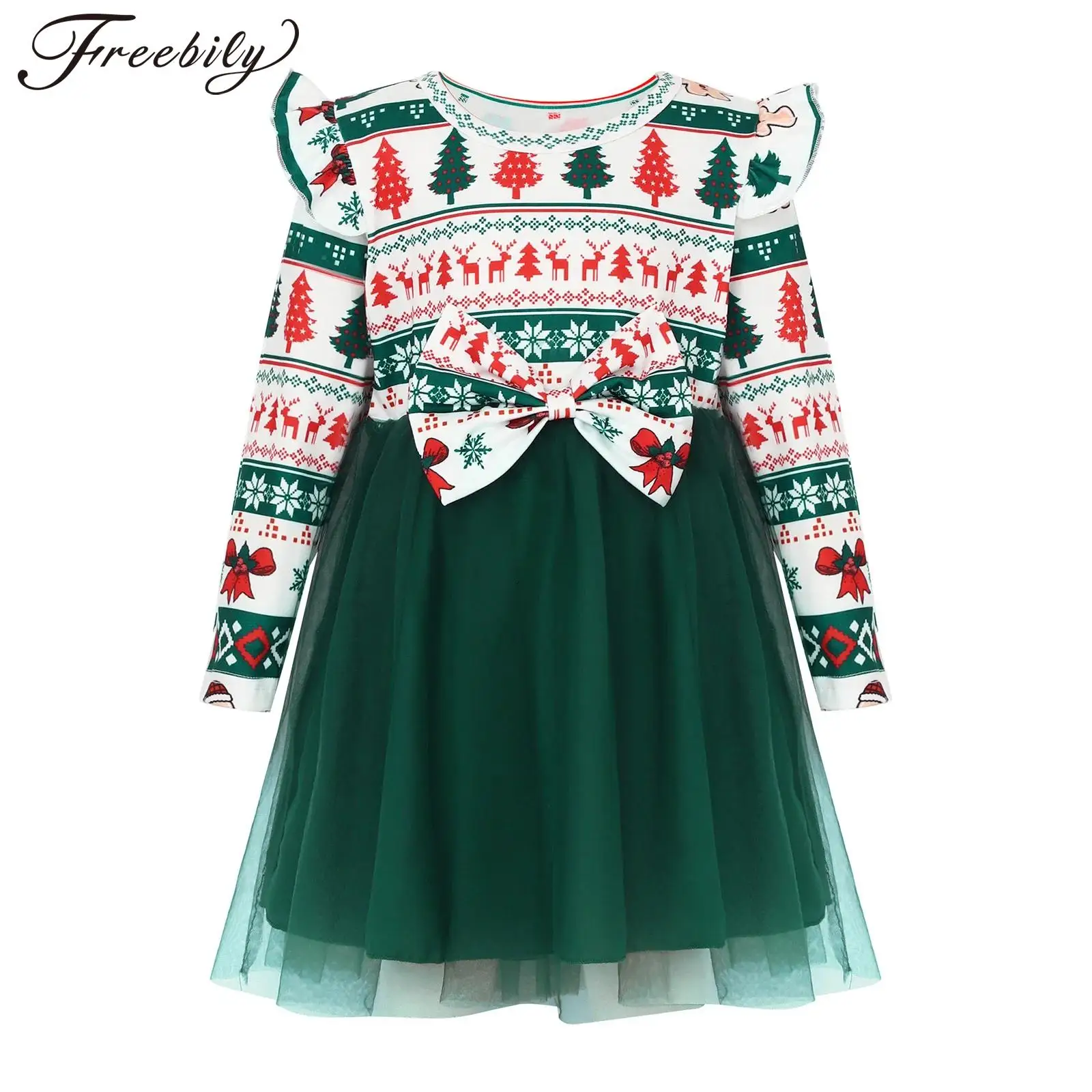 

Рождественское платье для маленьких девочек, милые платья принцессы с длинными рукавами и бантом с мультяшным принтом, праздничный рождественский новогодний наряд для вечеринки