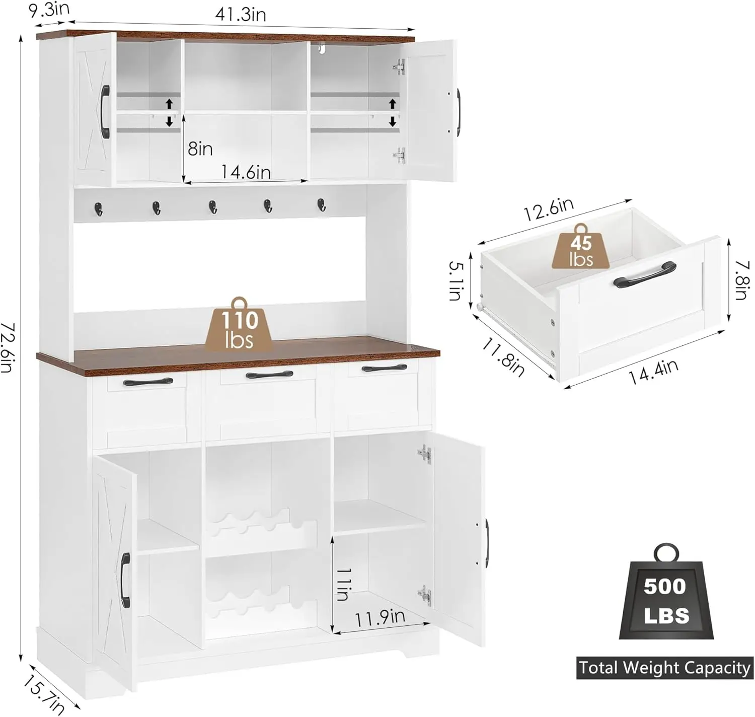 HIFIT 72" Tall Kitchen Pantry Storage Cabinet with 4 Barn Doors & Shelves & 3 Drawer, Large Farmhouse Kitchen Hutch with Bar