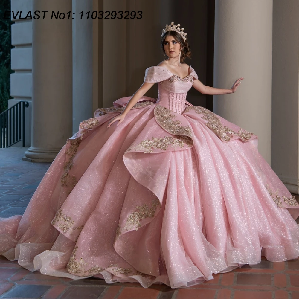 EVLAST Customized 2026 Pink Quinceanera Dress Ball Gown Gold Lace Applique Beading Tiered Sweet 16 Vestidos De 15 Anos E1QN831