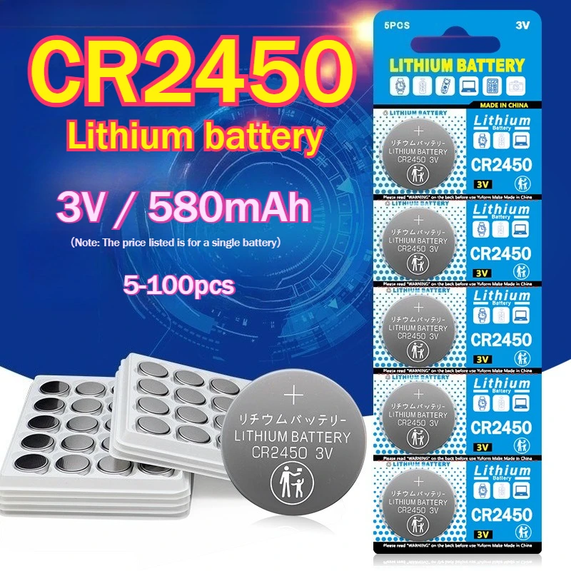 

5-100pcs 3V CR2450 Lithium Coin Cell Battery 580mAh for Remote Controllers Calculators Thermometers Car Key Fob and More