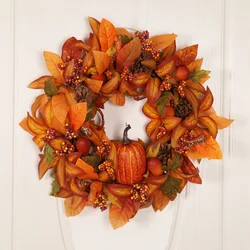 Fall 2024 Front Door Wreath Artificial Rattan Wreath with Foam Pumpkin Berries Maple Leaf Rustic Wall Hanging for Home Farmhouse