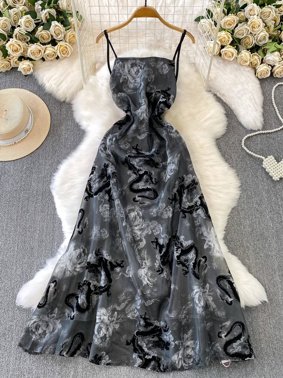 

Ele, длинное женское платье трапециевидной формы с высокой талией и вышивкой на бретельках в китайском стиле, осень-зима