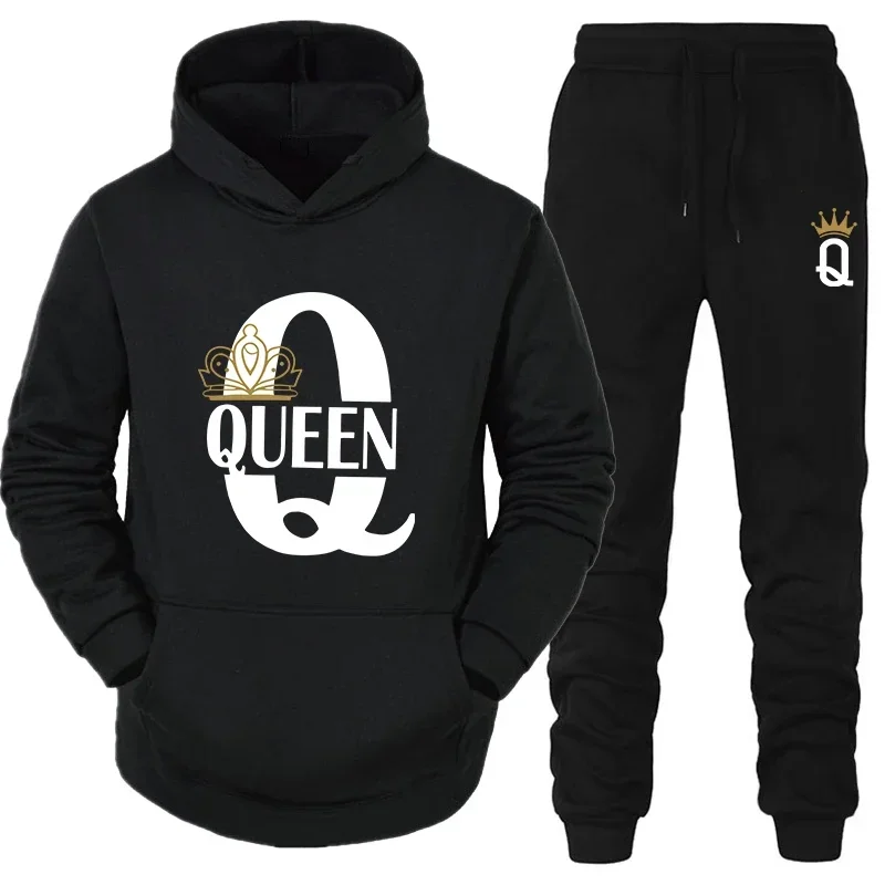 2026 New Autumn and Winter Men's and Women's Sweater Set King Queen Loose Relaxed Hooded Print Couple Set Couple Pullover Outfit