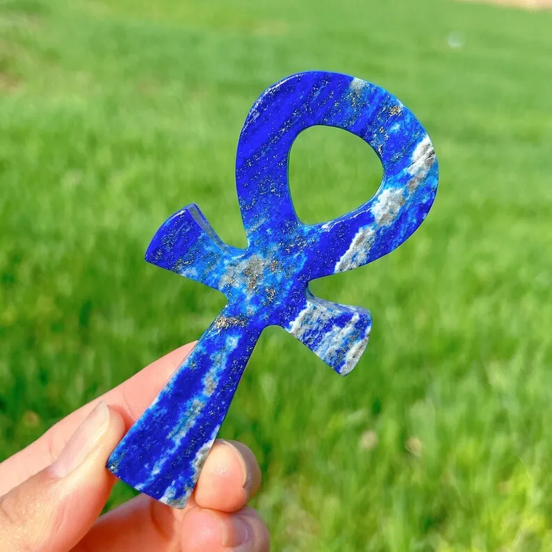Natural Lapis Lazuli Ankh Cross Carving, Handcrafted Premium Lapis Crystal Ankh Symbol, Meditation Healing Crystal