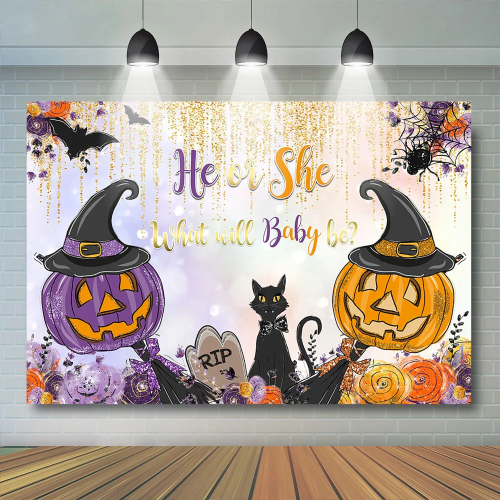 General Reveal Party Backdrop Halloween Photography Background Pumpkin Lantern Decor What will Baby Be Children Photobooth