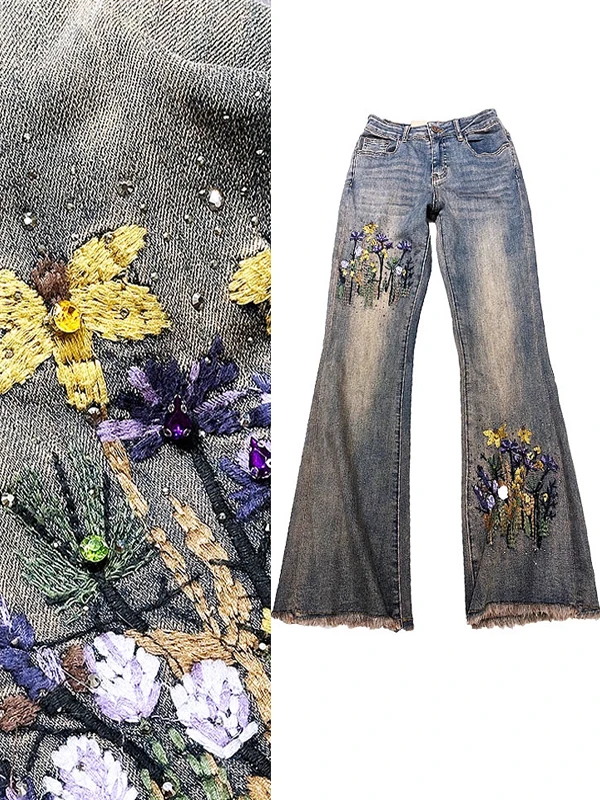 

Джинсовые джинсы-колокольчики с высокой талией и вышивкой со стразами, ретро, женские синие джинсы Fene Commute Sle