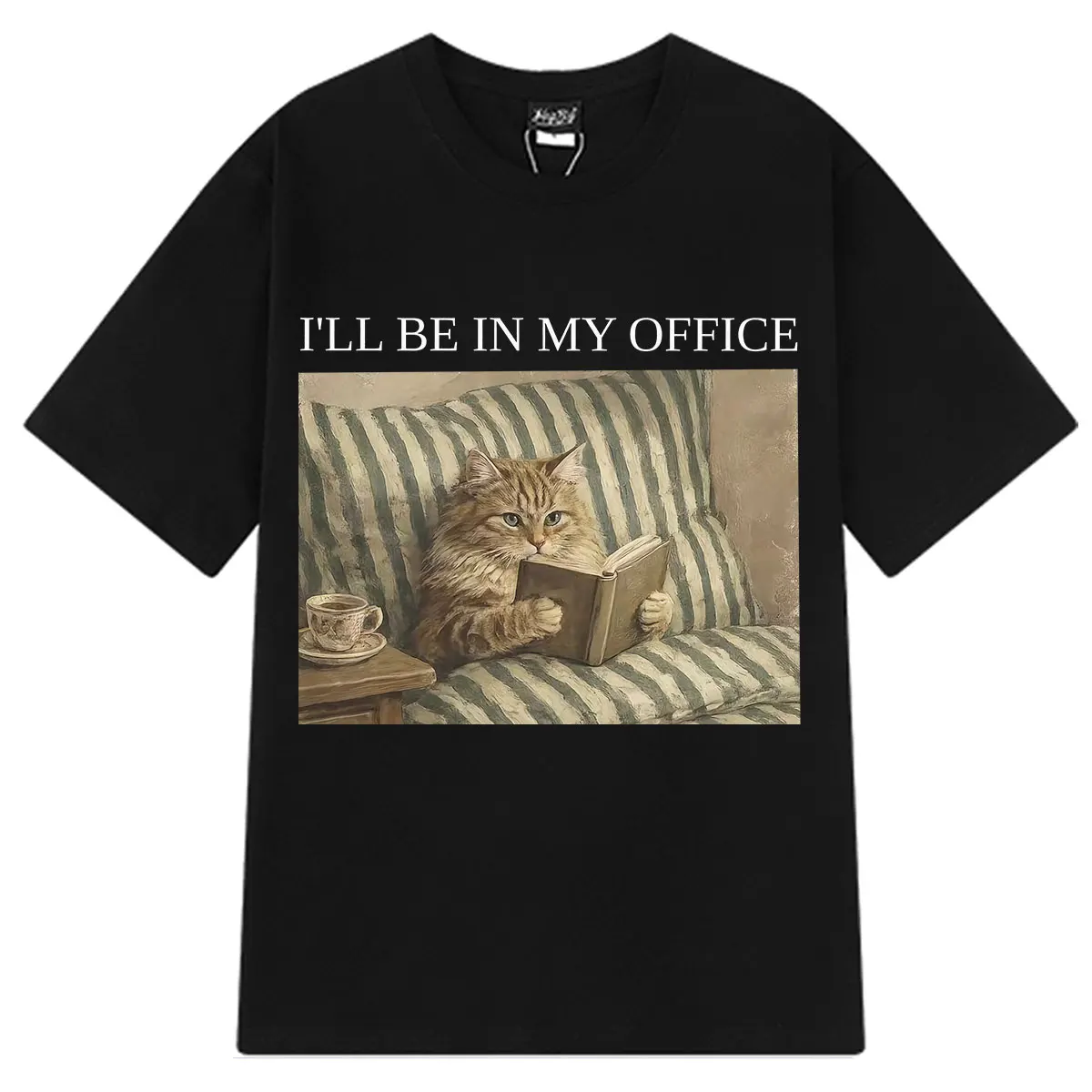 Ill Be in My Office Cat Funny Book Lover Vintage Cat Tshirt Men Women Fashion T-shirt Summer Short-sleeved Loose Casual T-shirts