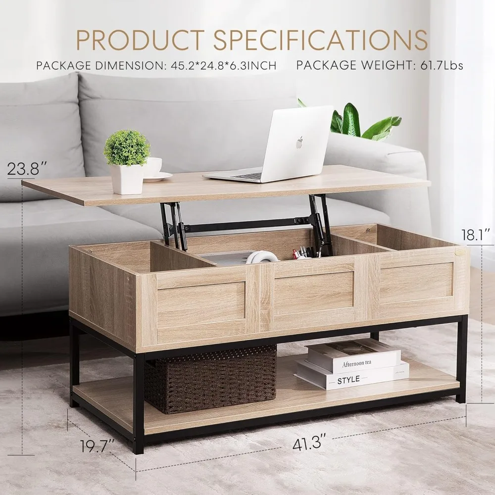 Vivohome Steel Frame Lift Top Coffee Table with Open Storage and Hidden Compartment, Ideal for Living Room Dining