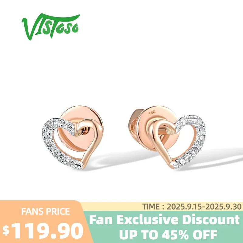 

VISTOSO Pure 14K 585 Rose Gold Stud Earrings For Women Sparkling Diamonds lovely Heart Wedding Anniversary Delicate Fine Jewelry