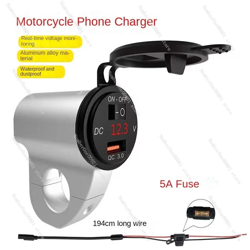 

Motorbike Aluminium Alloy Waterproof Mobile Phone Charger Digital Voltage 2.4A Car Usb Fast Charger with Power-off Switch