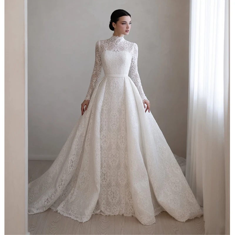 Exquisite Wedding Dress Embroidered Lace With A-Line Ballgown High-Neck Fullsleeve Customized Bridedress Button Vestido De Novia