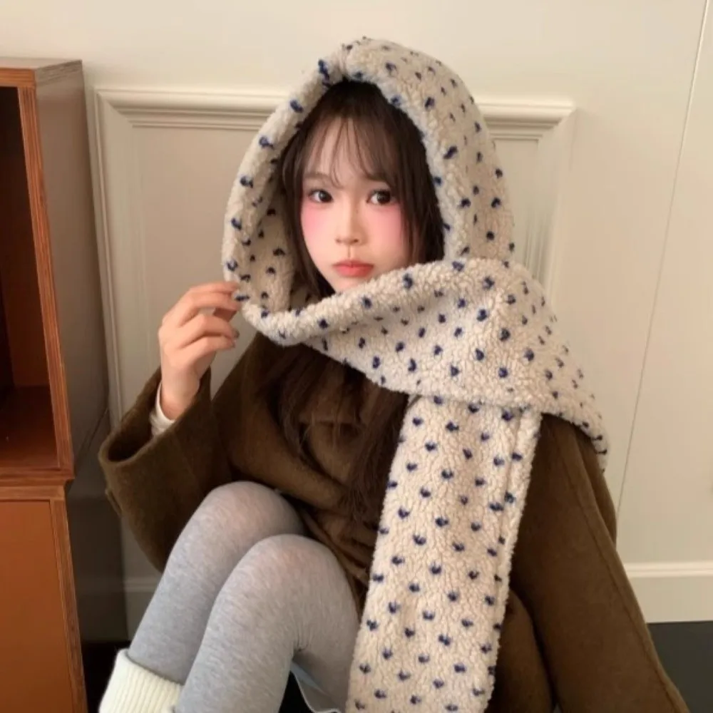 Winddicht Winter Polka Dot Sjaal Hoed Verdikte Lamswol Bivakmuts Trui Hoeden Gehoorbescherming Warme Pluche Mutsen Herfst