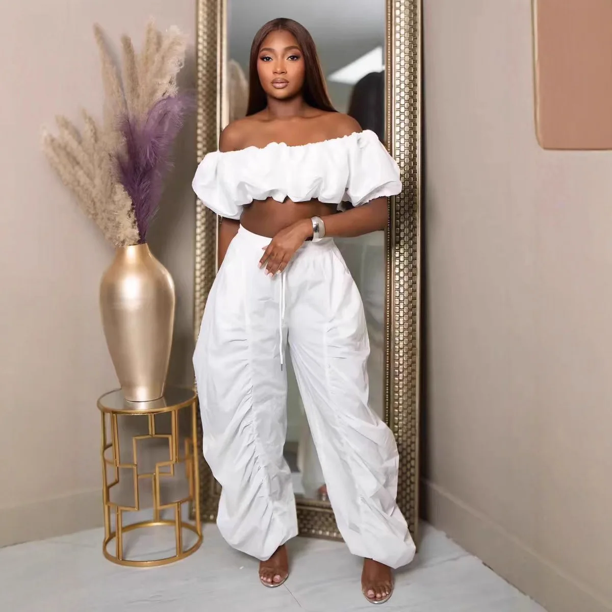 

Elegant Women 2 Piece Set Off Shoulder Crop Top Stacked Pants Matching Set 2025 Autumn New Popular Streetwear Casual Outfits