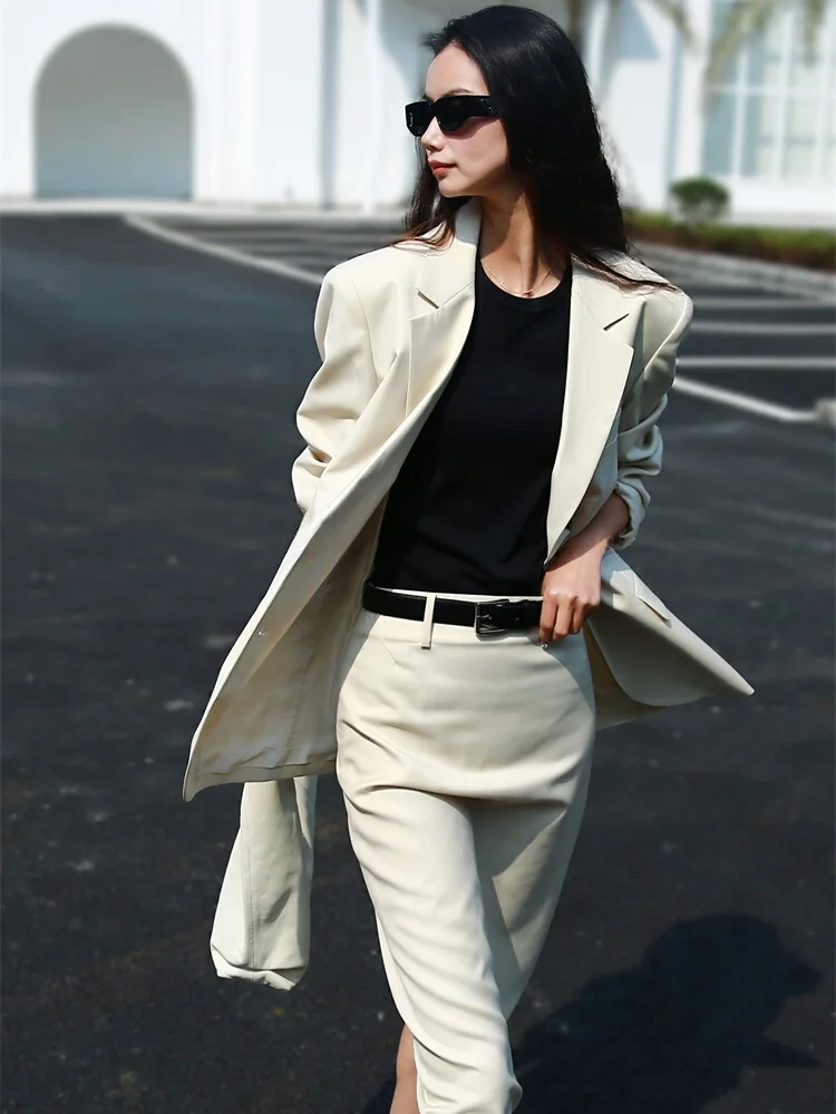 

FANNIU Spring Autumn Casual Style Woolen Suit Loose Fit Straight Leg Pants Back Slit Design Fashionable Two-Piece Set for Women